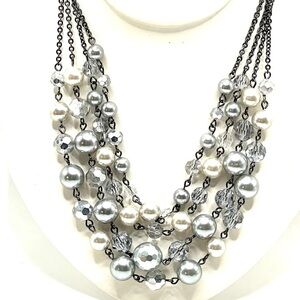 LIA SOPHIA Silver Pearl Crystal Cluster Sparkling Four Strand Necklace RETIRED